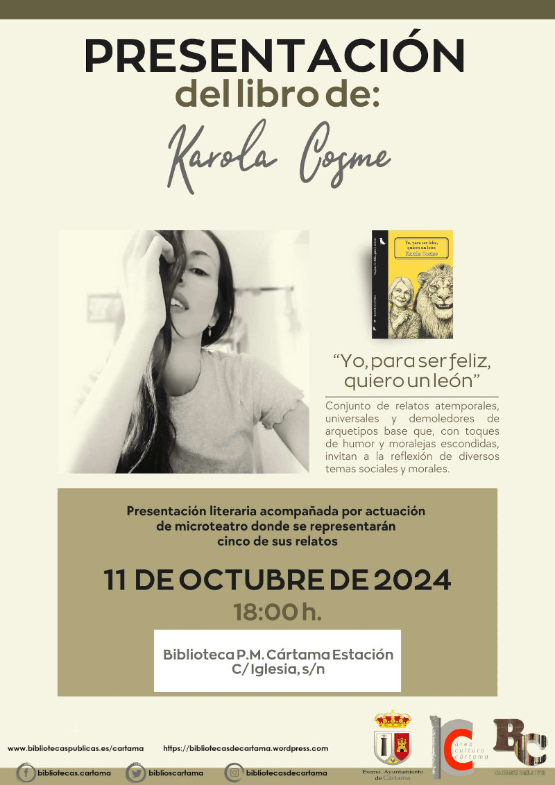 La escritora Karola Cosme presentará su libro de relatos “Yo, para ser feliz, quiero un león” en la Biblioteca de Estación de Cártama